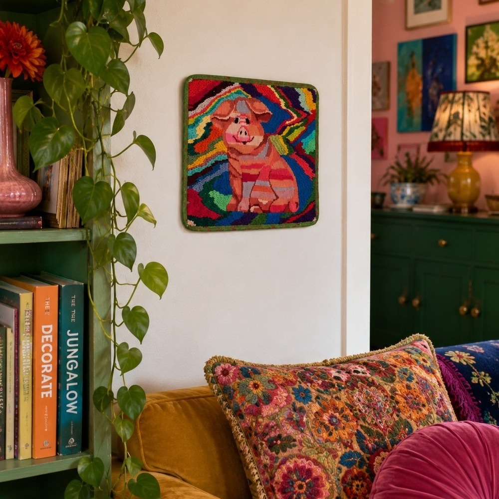 Vintage Handmade Needlepoint Pig Wall Art‎ Colorful Psychedelic Folk Art 17x14